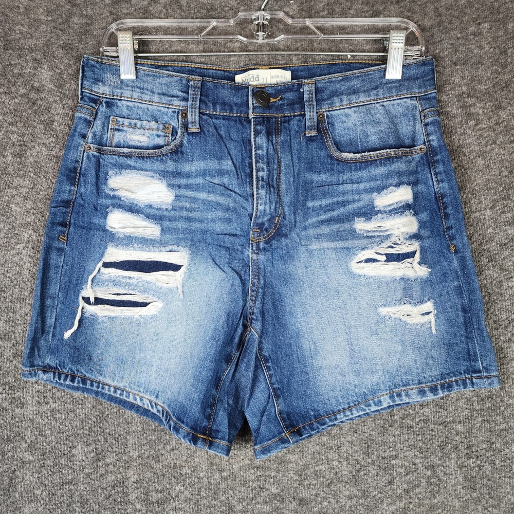 Mudd Shorts Womens 11 High-Rise Midi Blue Distressed FLXStretch EUC